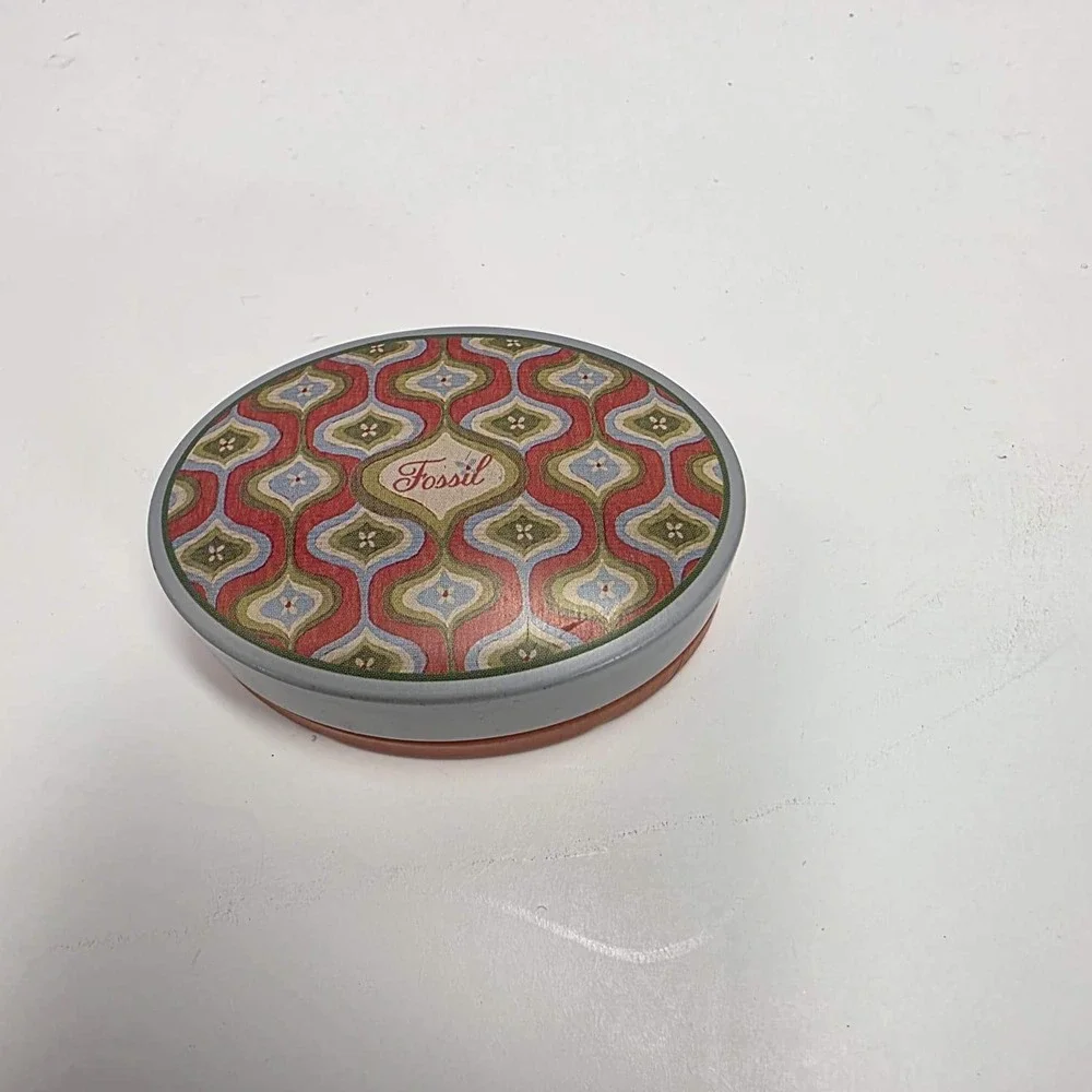 Fossil Tin Oval Collectible Container Red Geometric Pattern 2003